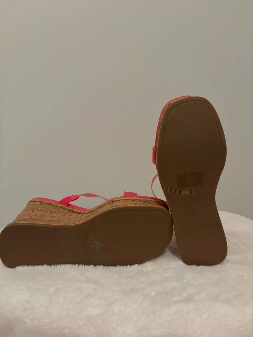 Nine West Neon Pink Cork Platform Wedge Sandals